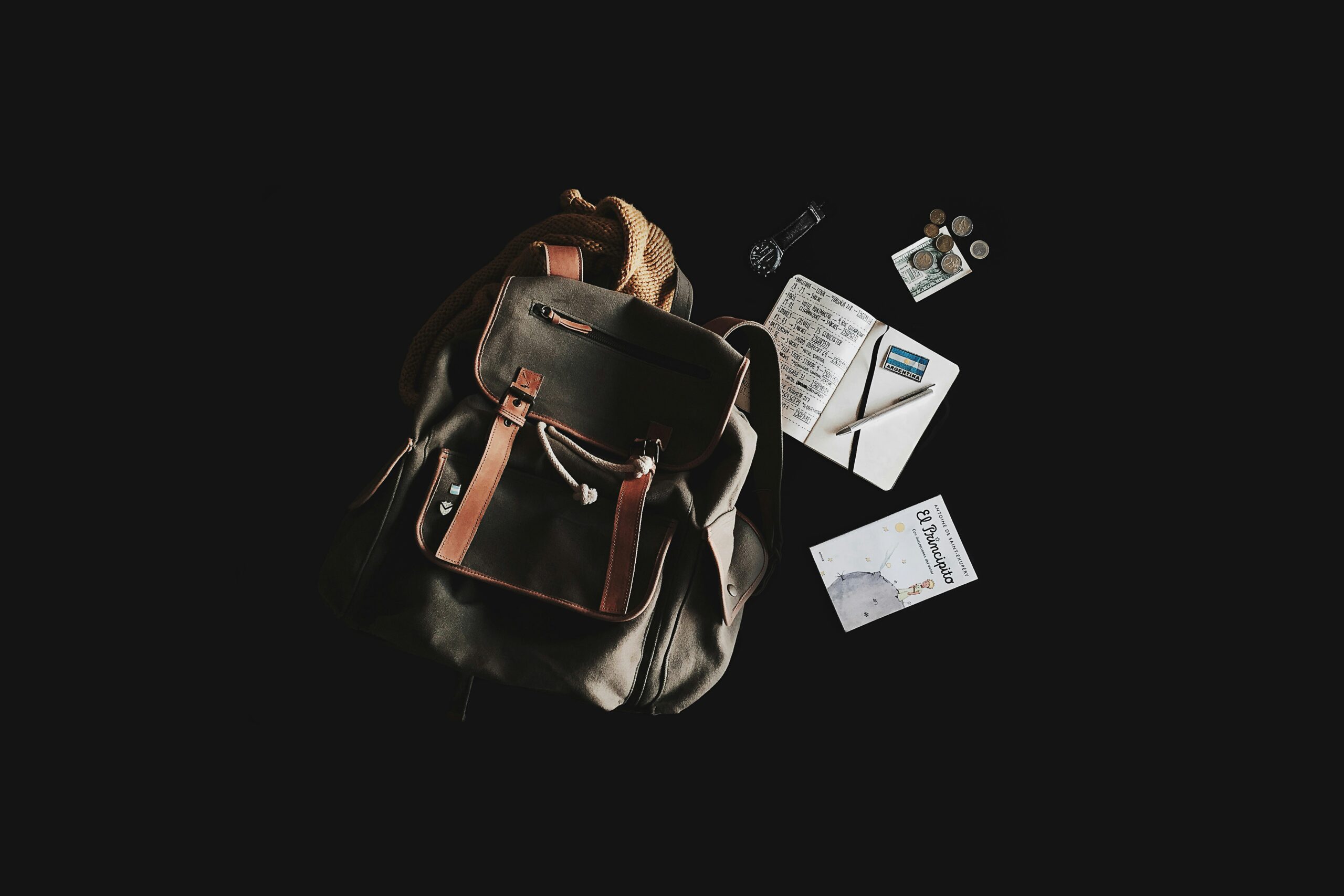 black and brown backpack with black nackground